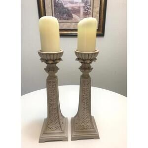 Ornate Corinthian Candle Holders, Set of 2, Vintage Neoclassical Ivory Pedestals